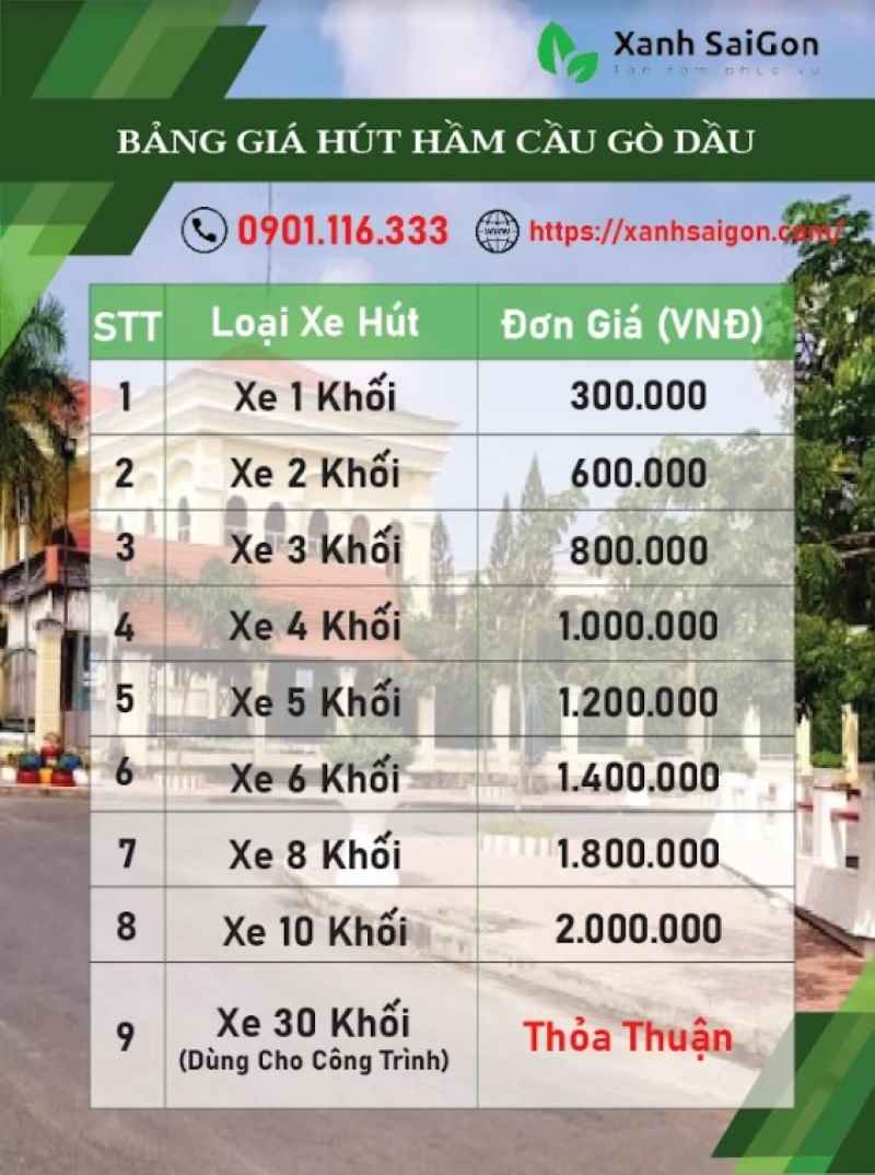 Bảng báo giá chi tiết dịch vụ hút hầm cầu Gò Dầu của Xanhsaigon
