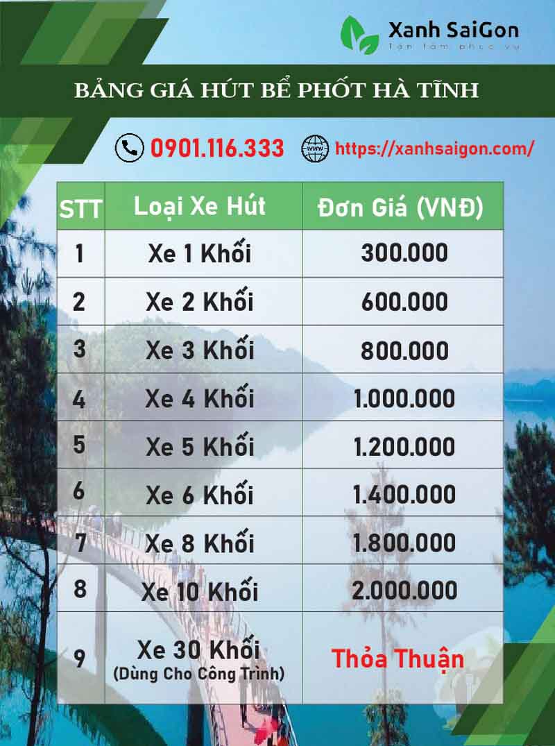 Bảng báo giá dịch vụ hút bể phốt Hà Tĩnh của Xanhsaigon