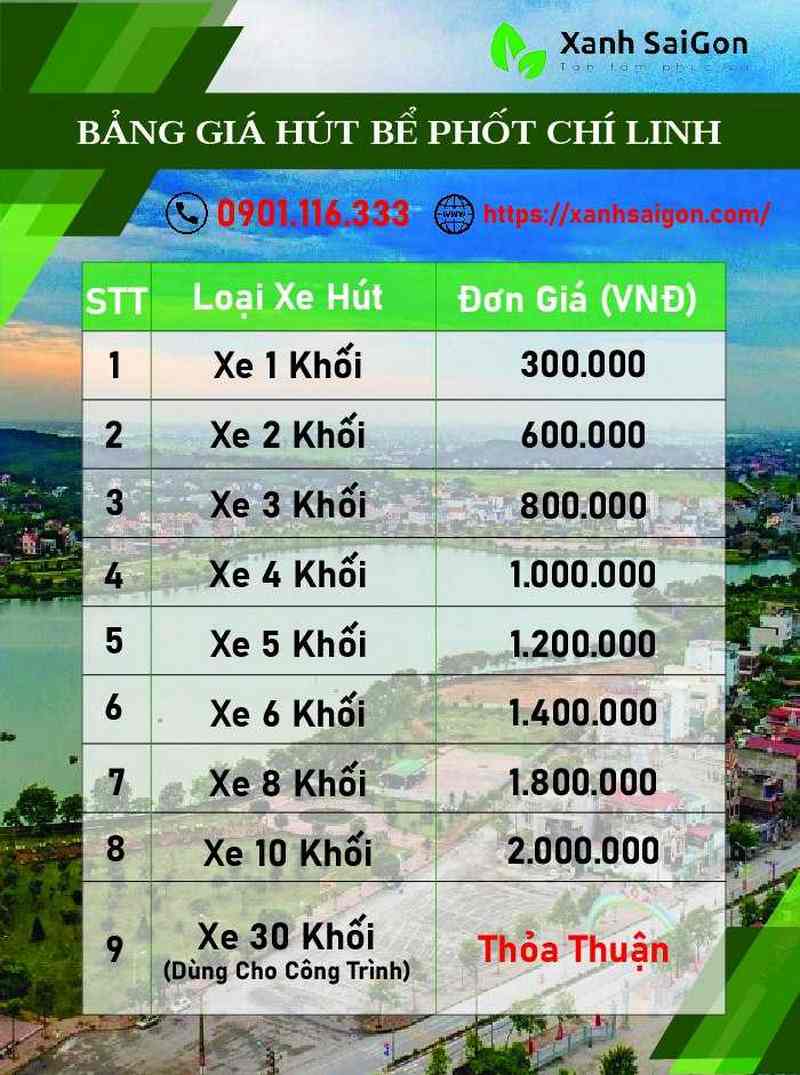 Bảng báo giá dịch vụ hút bể phốt tại Chí Linh