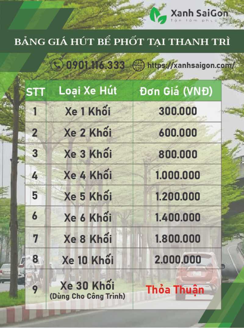 Bảng giá dịch vụ hút bể phốt tại Thanh Trì mới nhất của Xanhsaigon 