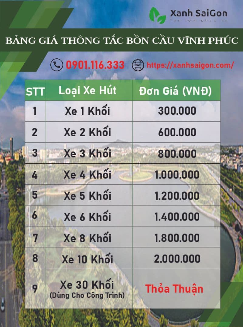 Bảng giá dịch vụ thông tắc bồn cầu tại Vĩnh Phúc của XanhsaigonBảng giá dịch vụ thông tắc bồn cầu tại Vĩnh Phúc của Xanhsaigon