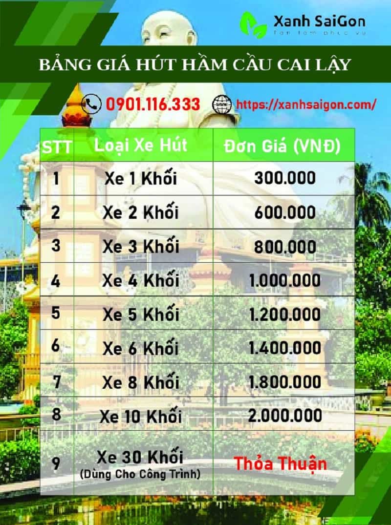 Chi tiết bảng giá dịch vụ hút hầm cầu tại Cai Lậy của Xanhsaigon 