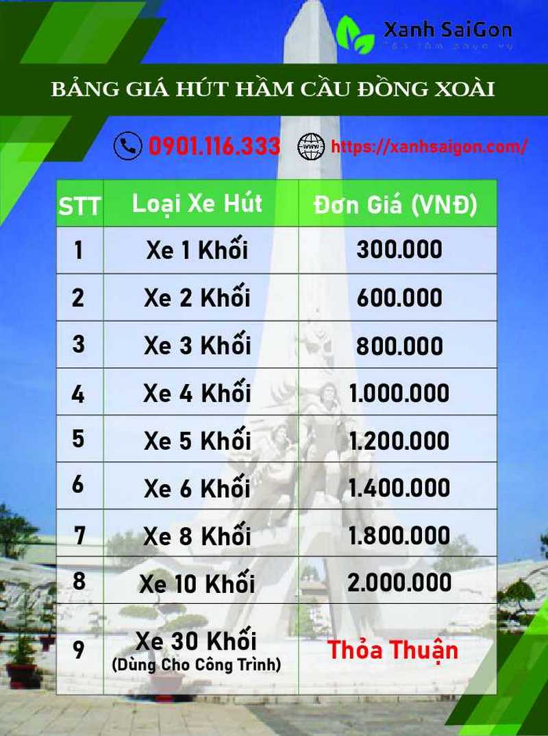 Bảng giá chi tiết về dịch vụ hút hầm cầu của Xanhsaigon tại Đồng Xoài
