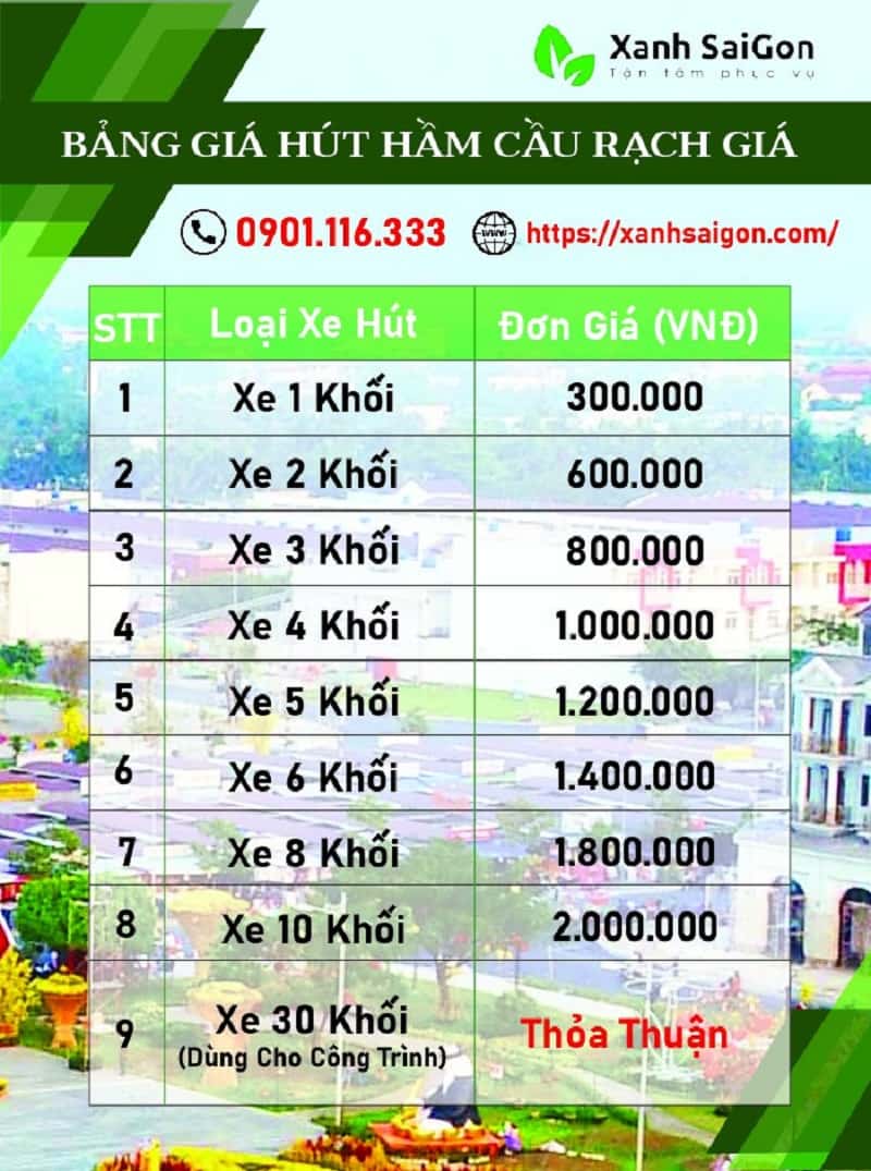 Bảng giá chi tiết hút hầm cầu Rạch Giá của Xanhsaigon 