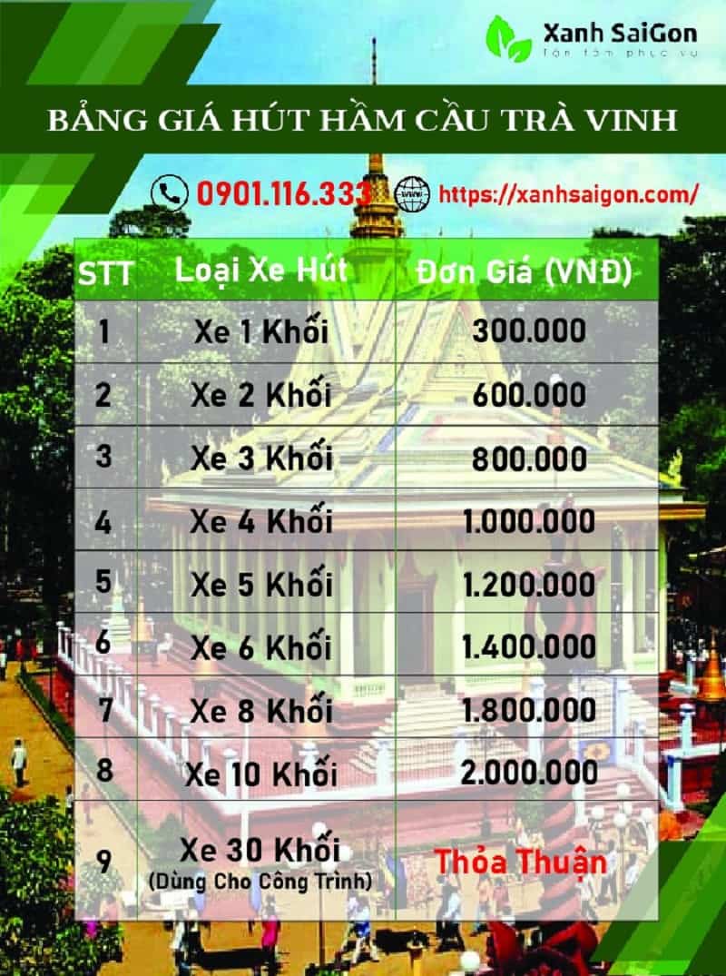 Bảng báo giá mới nhất dịch vụ hút hầm cầu Trà Vinh của Xanhsaigon