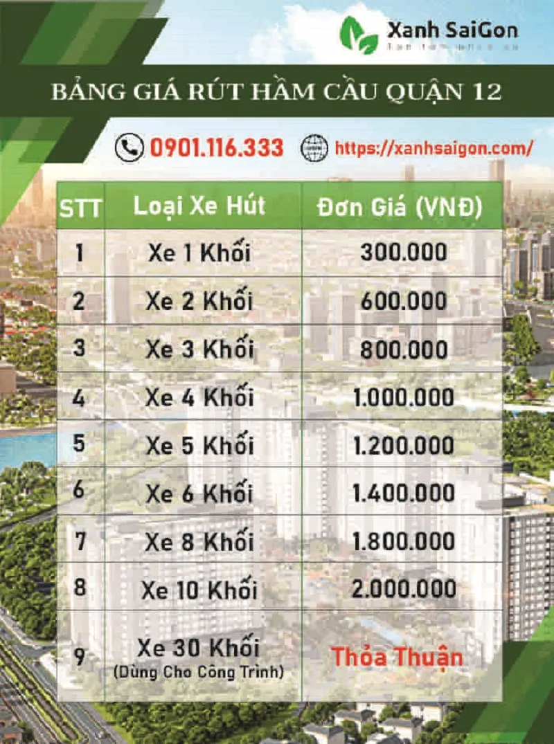Bảng giá hút hầm cầu quận 12 của Xanh Sài Gòn luôn ở mức cạnh tranh