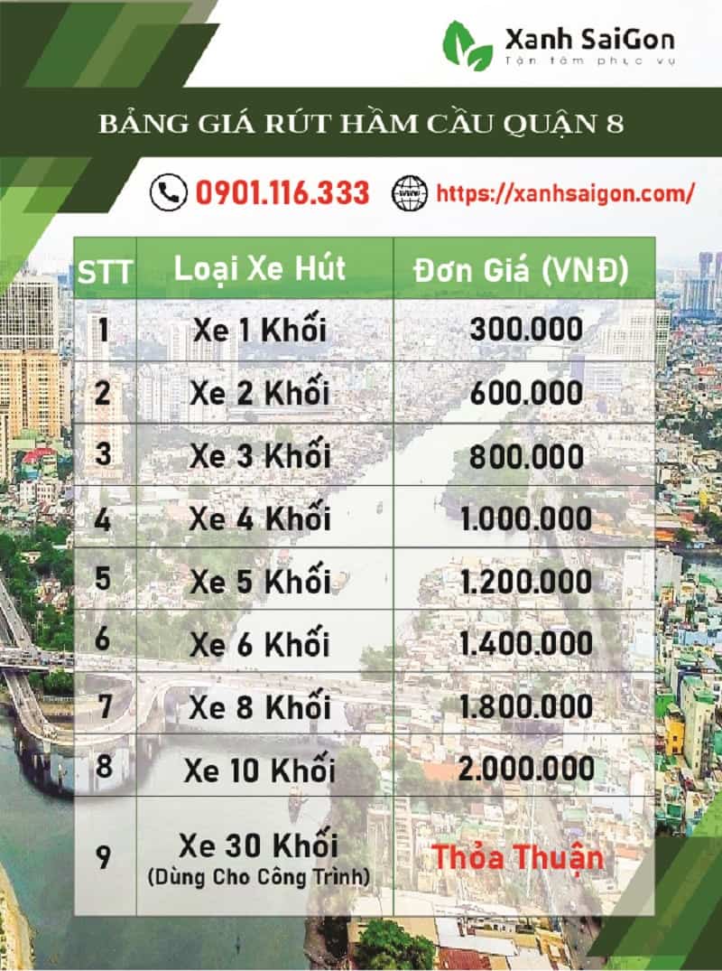 Bảng giá rút hầm cầu tại quận 8 của công ty Xanhsaigon