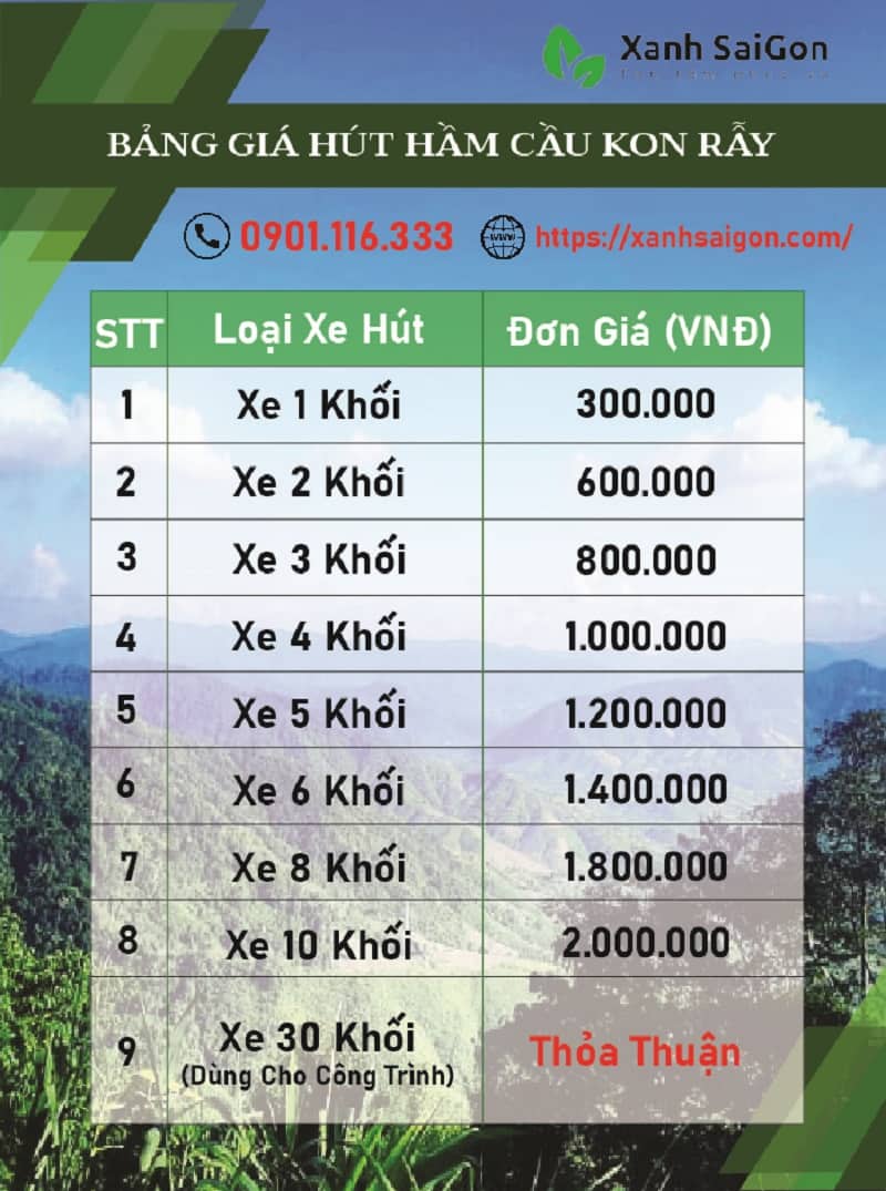 Bảng báo giá dịch vụ hút hầm cầu tại Kon Rẫy của Xanhsaigon