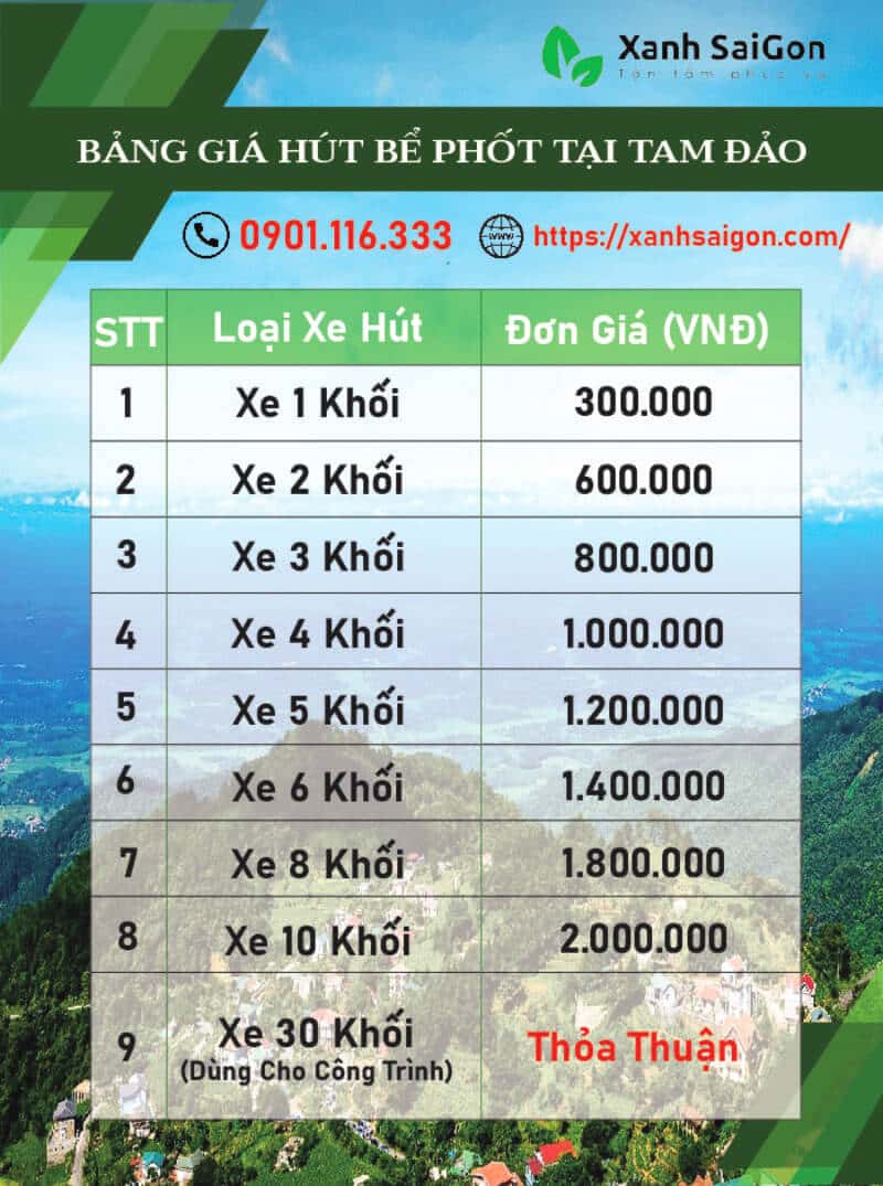 Báo giá chi tiết dịch vụ hút bể phốt tại Tam Đảo của Xanhsaigon