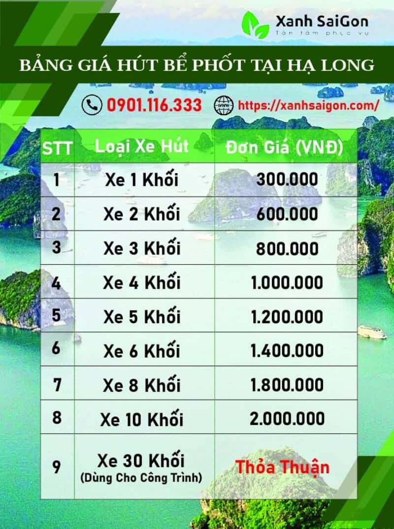 Báo giá chi tiết dịch vụ hút bể phốt Hạ Long của Xanhsaigon