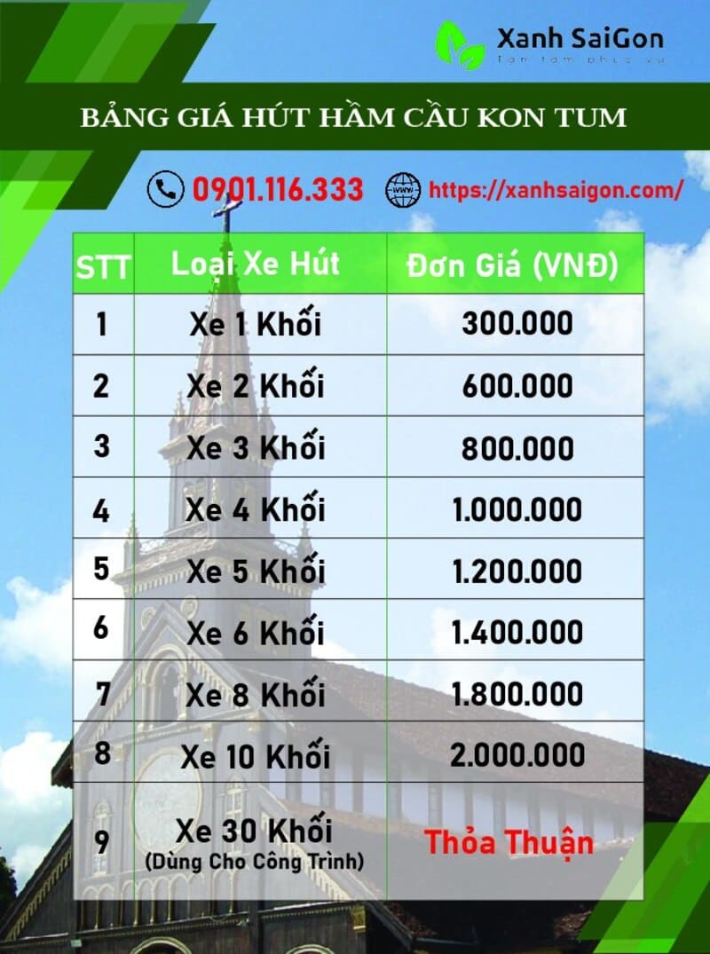Báo giá dịch vụ hút hầm cầu tại Kon Tum trọn gói của Xanhsaigon