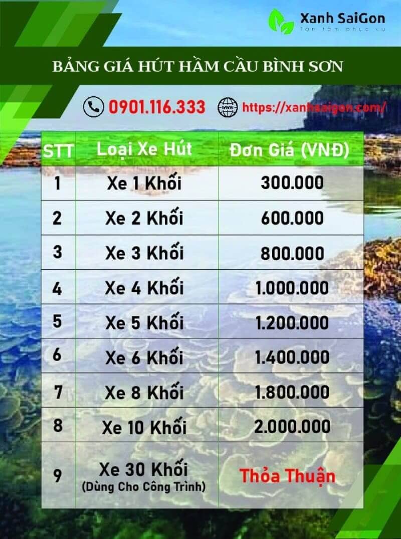 Giá dịch vụ hút hầm cầu Bình Sơn của Xanhsaigon hiện nay