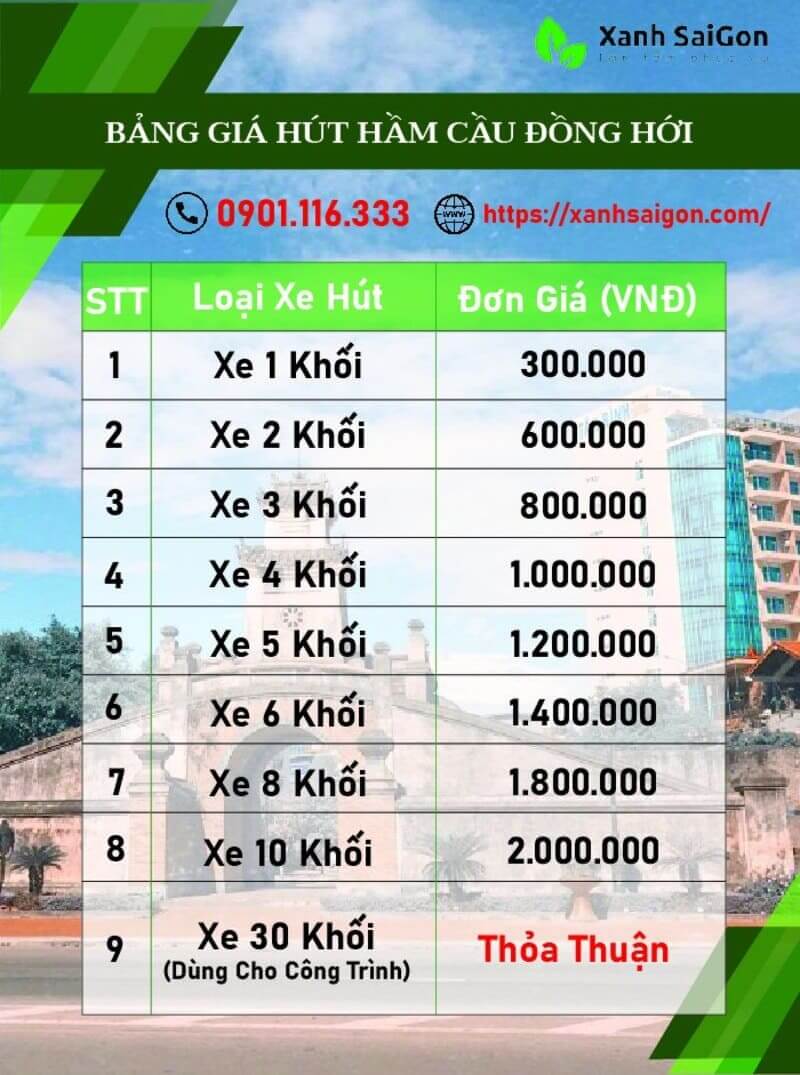 Báo giá dịch vụ hút hầm cầu Đồng Hới của Xanhsaigon