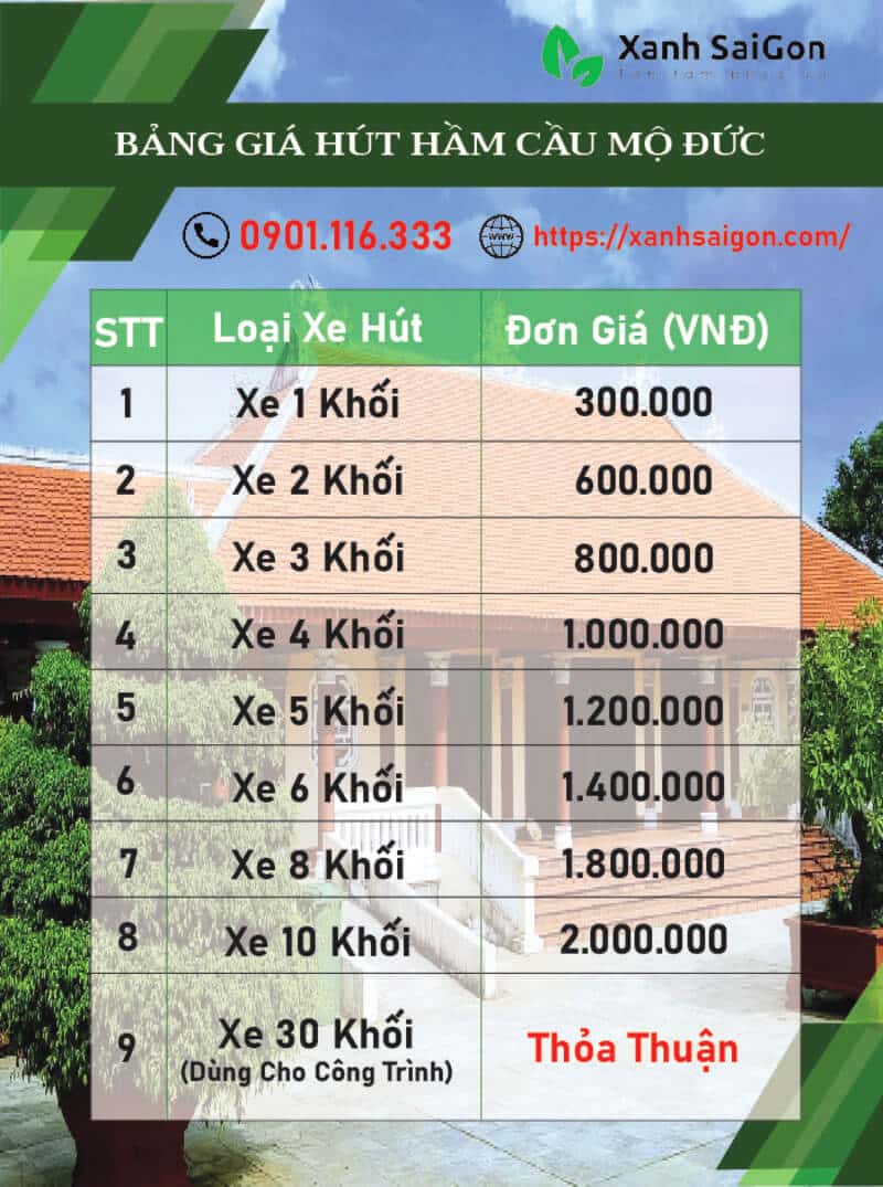 Bảng giá dịch vụ hút hầm cầu Mộ Đức cập nhật nhất hiện nay của Xanhsaigon
