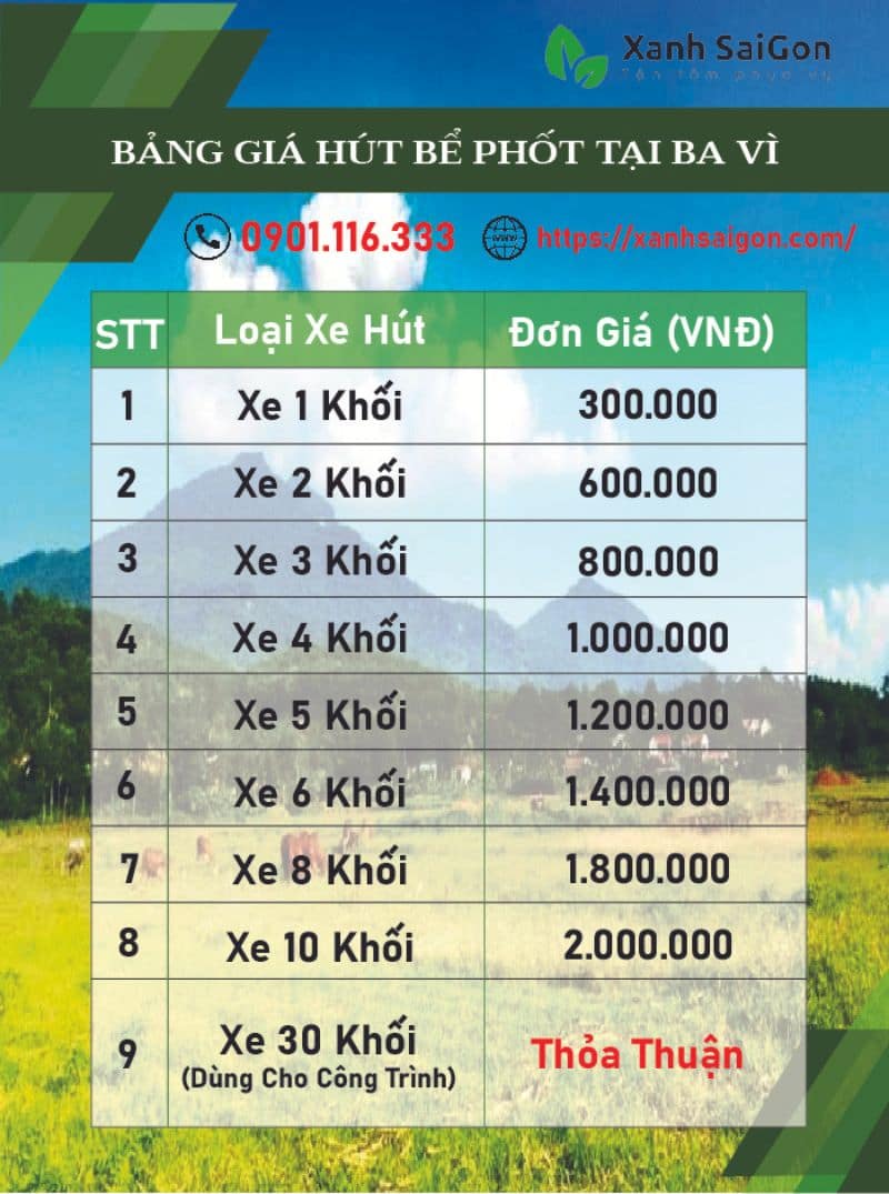 Chi tiết bảng giá dịch vụ hút bể phốt tại Ba Vì của Xanhsaigon