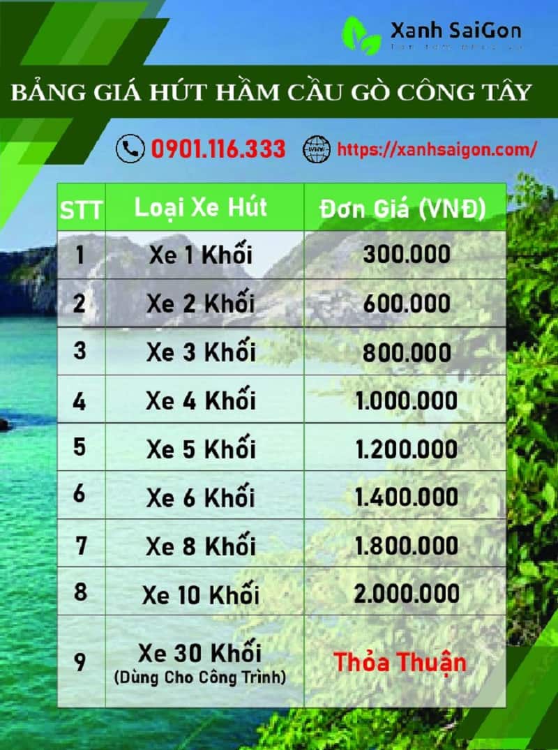 Bảng giá chi tiết dịch vụ hút hầm cầu tại Gò Công Tây của công ty Xanhsaigon