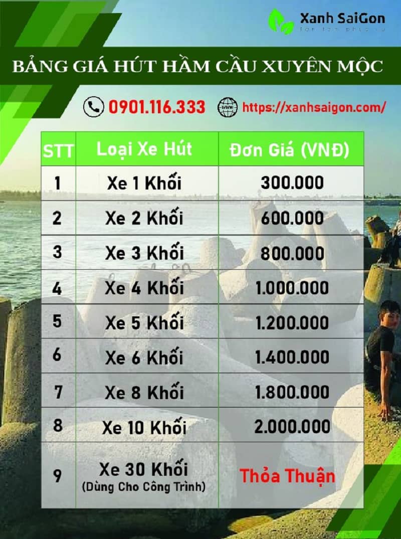 Bảng báo giá dịch vụ hút hầm cầu tại Xuyên Mộc của công ty Xanhsaigon 