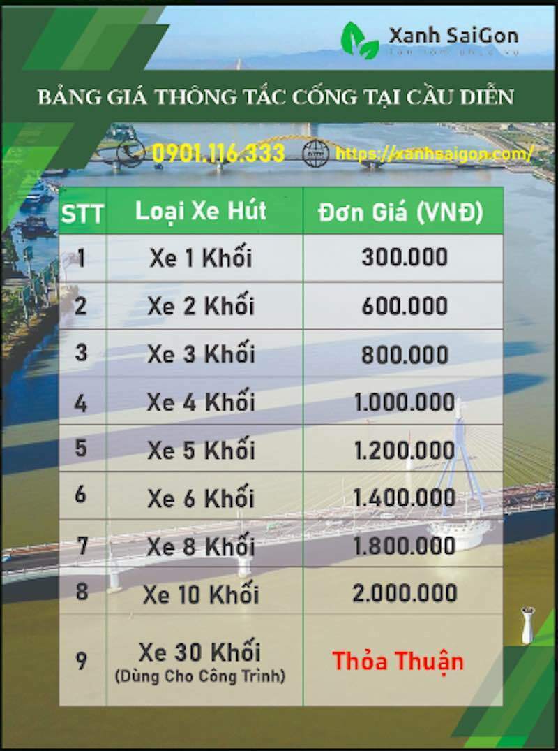 Tham khảo báo giá chính thức của Xanh Sài Gòn về dịch vụ thông tắc cống tại Cầu Diễn