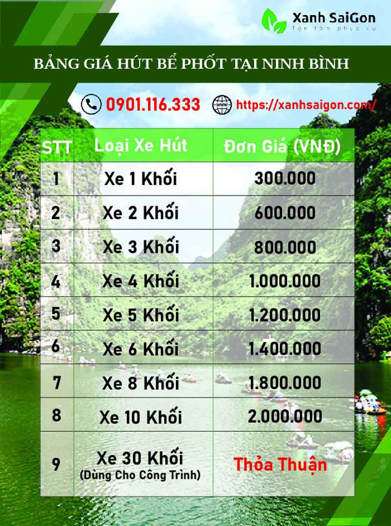 Báo giá dịch vụ hút bể phốt tại Ninh Bình  của Xanhsaigon hết bao nhiêu