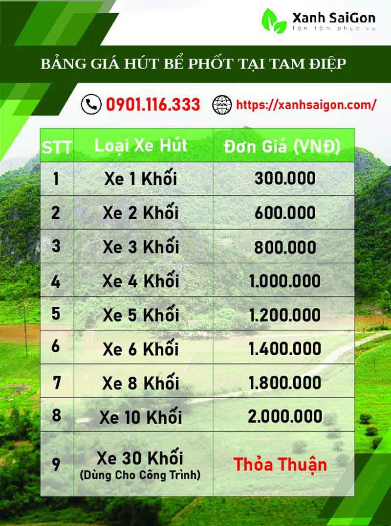 Giá dịch vụ hút bể phốt tại Tam Điệp hiện nay của Xanhsaigon