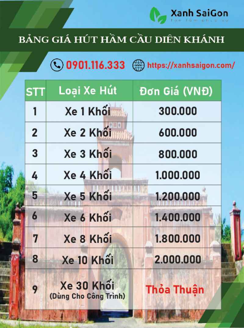 Bảng báo giá chi tiết dịch vụ hút hầm cầu Diên Khánh của Xanhsaigon