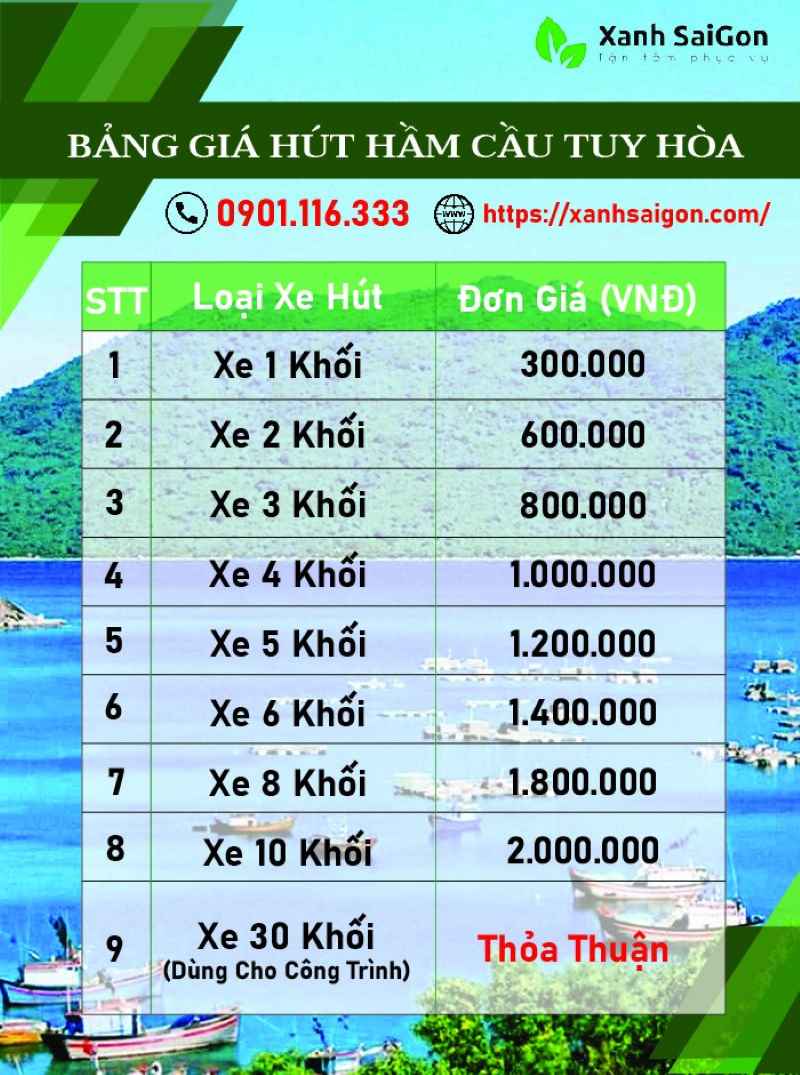 Bảng báo giá chi tiết dịch vụ hút hầm cầu Tuy Hòa tại Xanhsaigon