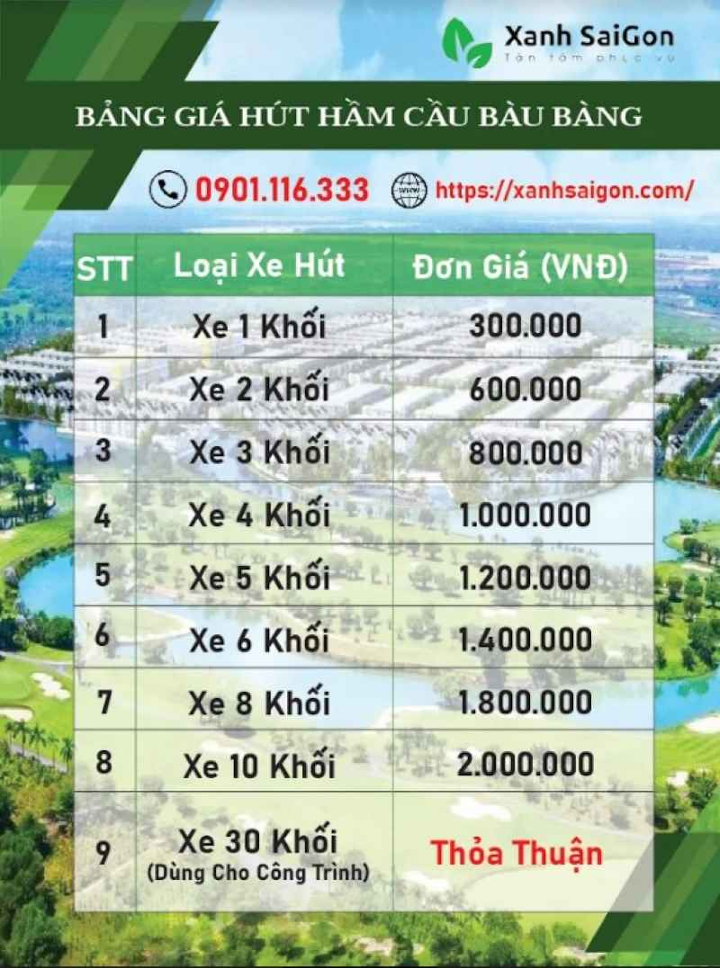 Bảng báo giá dịch vụ hút hầm cầu Bàu Bàng của Xanhsaigon