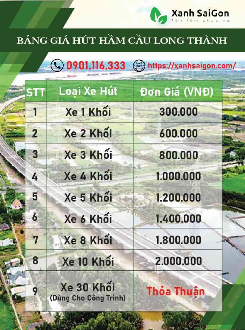 Bảng giá dịch vụ hút hầm cầu Long Thành của Xanhsaigon