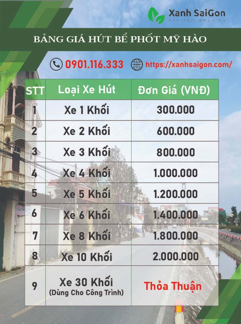 Bảng giá hút bể phốt tại Mỹ Hào chi tiết cụ thể nhất của Xanhsaigon