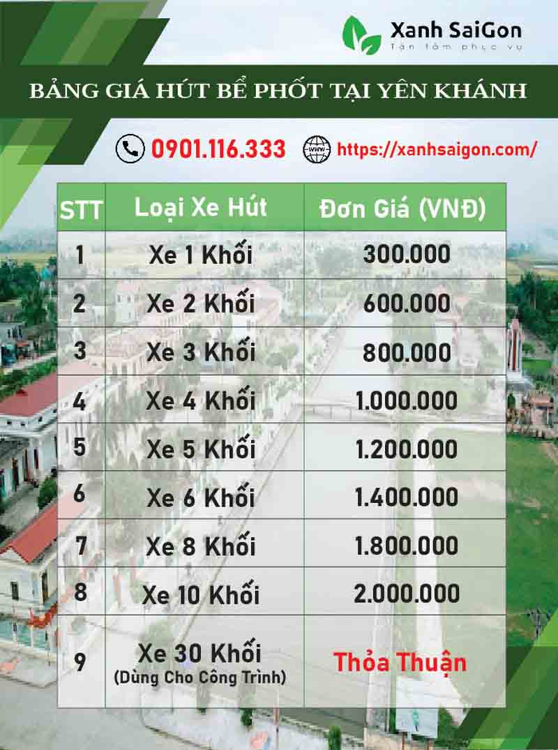 Giá hút bể phốt tại Yên Khánh của Xanh Sài Gòn chi tiết