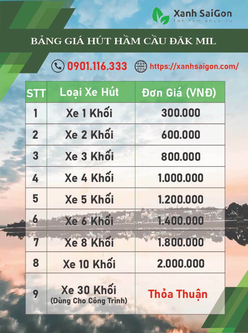 Bảng giá hút hầm cầu Đắk Mil của Xanh Sài Gòn 