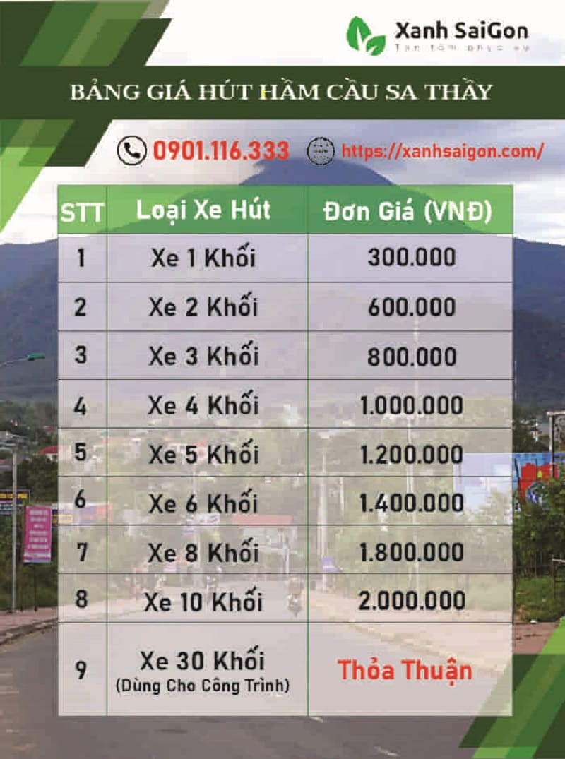Bảng giá chi tiết dịch vụ hút hầm cầu tại Sa Thầy của Xanhsaigon