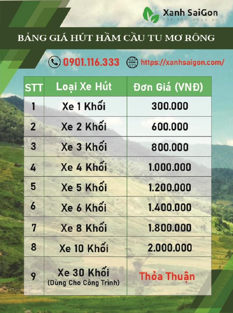 Bảng giá dịch vụ rút hầm cầu Tu Mơ Rông của Xanhsaigon