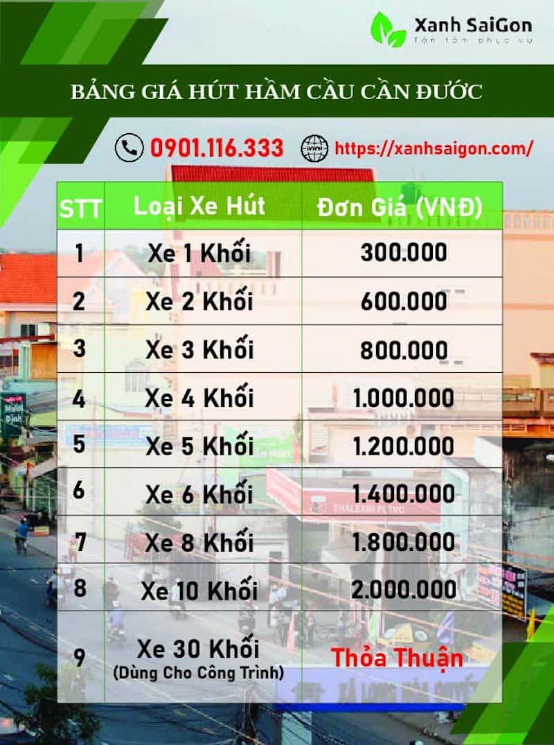 Bảng báo giá dịch vụ hút hầm cầu Cần Đước Long An của Xanhsaigon