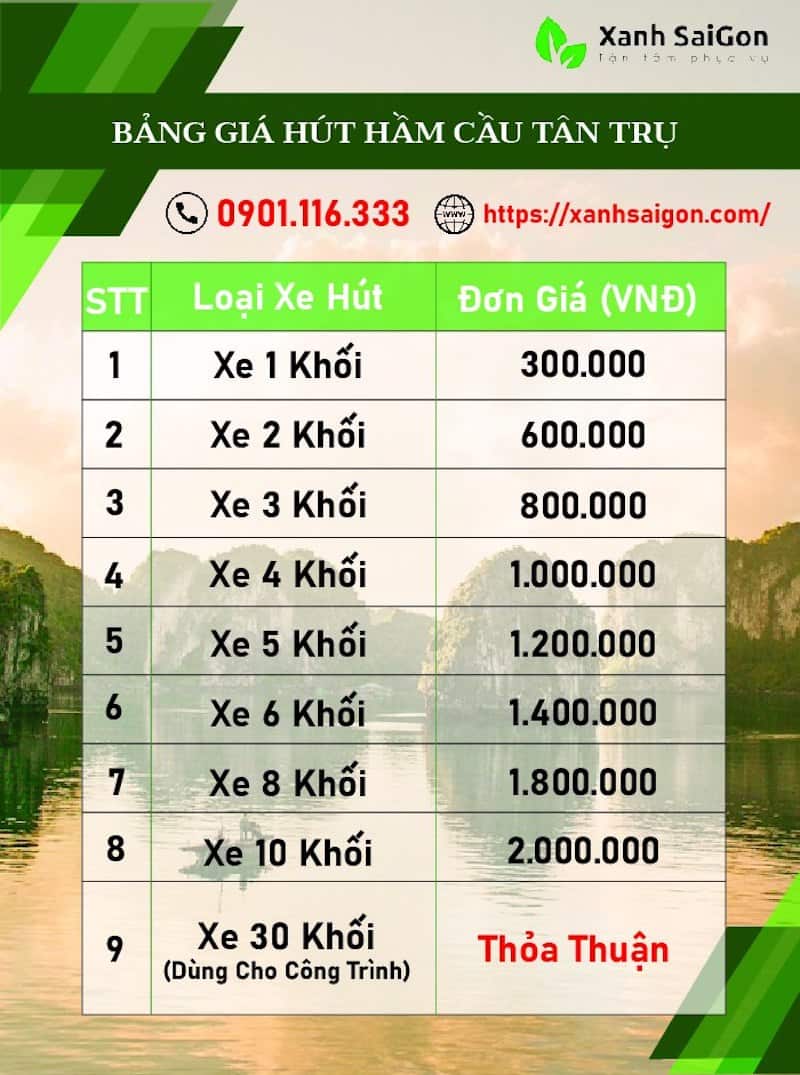 Bảng báo giá chi tiết dịch vụ hút hầm cầu Tân Trụ của Xanhsaigon