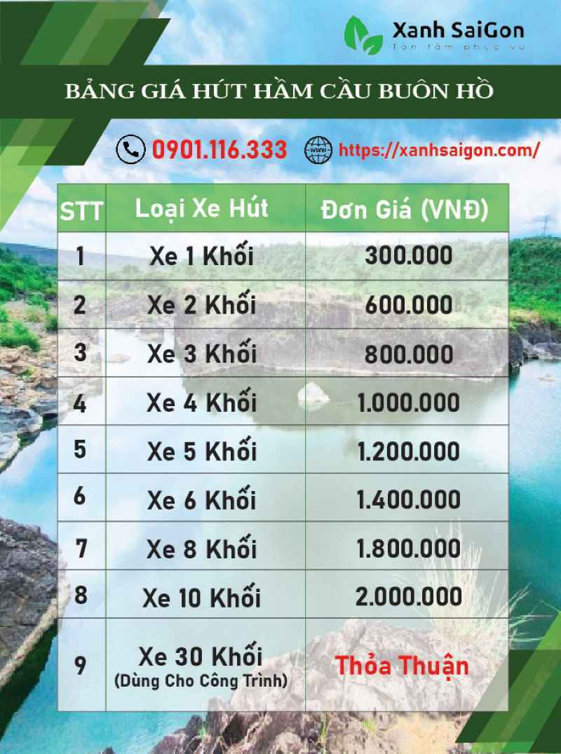Chi tiết bảng báo giá dịch vụ hút hầm cầu Buôn Hồ của Xanhsaigon
